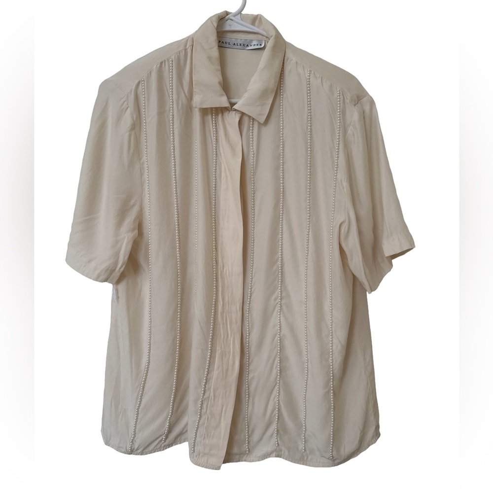 Vtg PAUL ALEXANDER Women’s Blush Silk Pearl Accent Button Up Old Money Top Sz 10